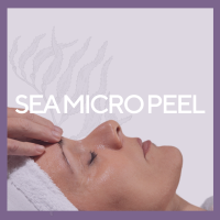 A purple box with an older woman recieving a facial and the title Sea Micropeel in the center in big, bold white block letters
